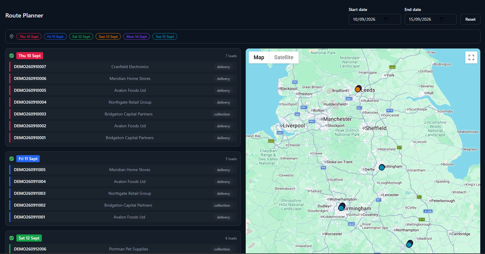 Freitly logistics management platform dashboard showing outbound pallet loads and haulier bookings