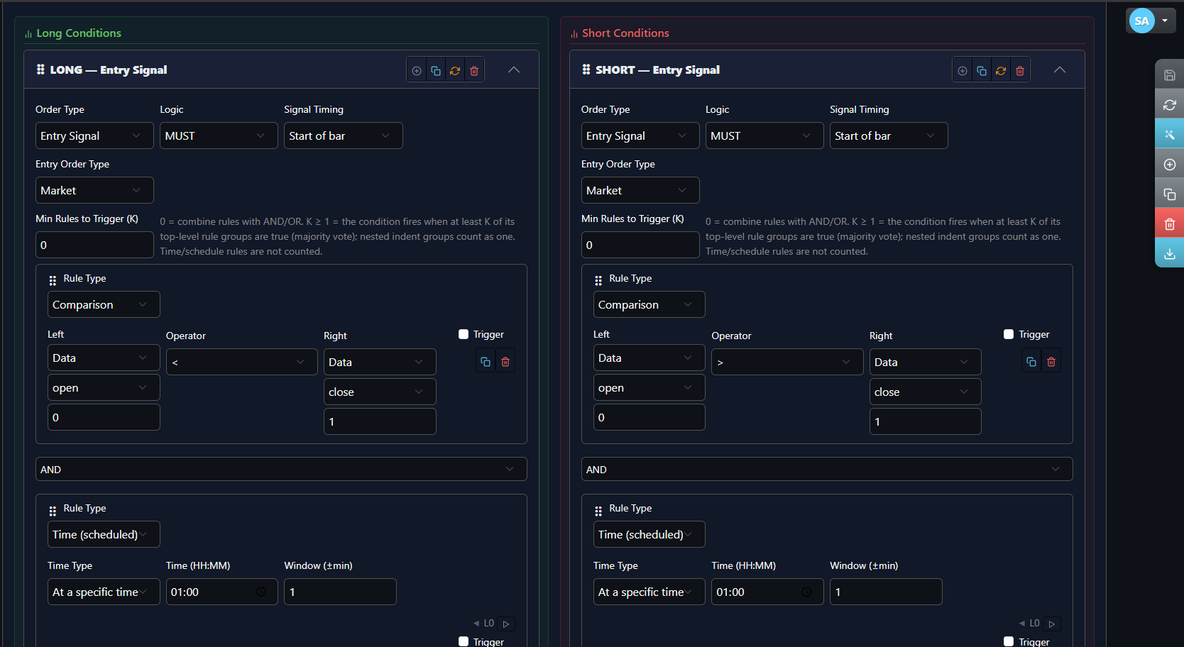 Qfinity quantitative forex trading platform showing the WYSIWYG strategy builder interface